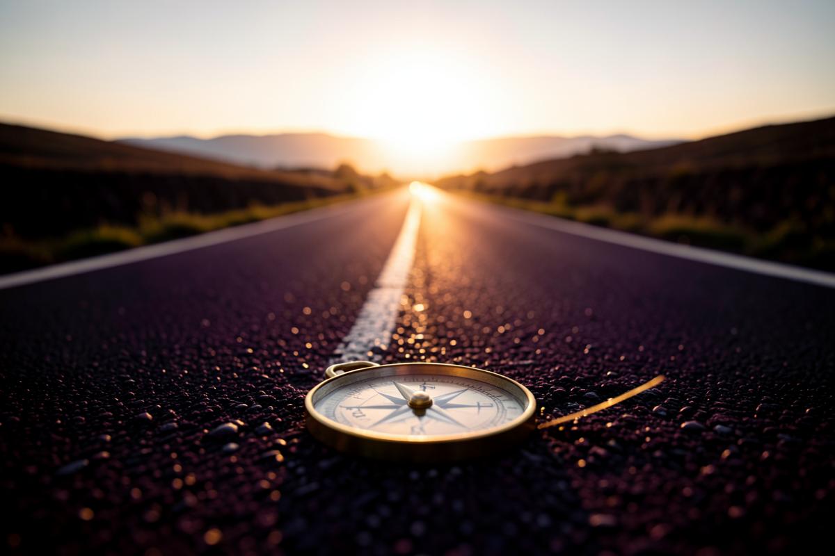 A road stretching toward a bright horizon with a compass in the foreground.